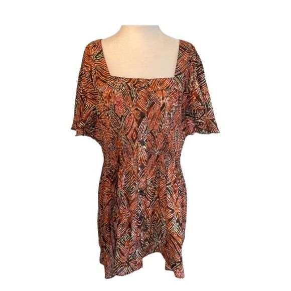 Serenade New York Floral Pleated Rust Tropical Print Short Sleeve Button Down 2X - Picture 1 of 6